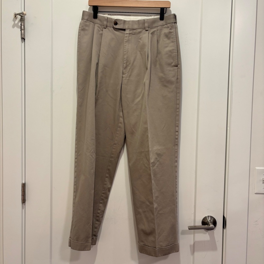 Joseph & Feiss Mens Pleated Chino Pants Tan Khaki Cotton‎ Cuffed Trousers 32x30